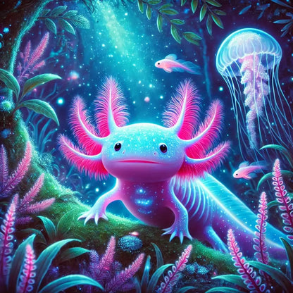 Axolotl in knalliger Unterwasserwelt mit bunten Korallen und Quallen