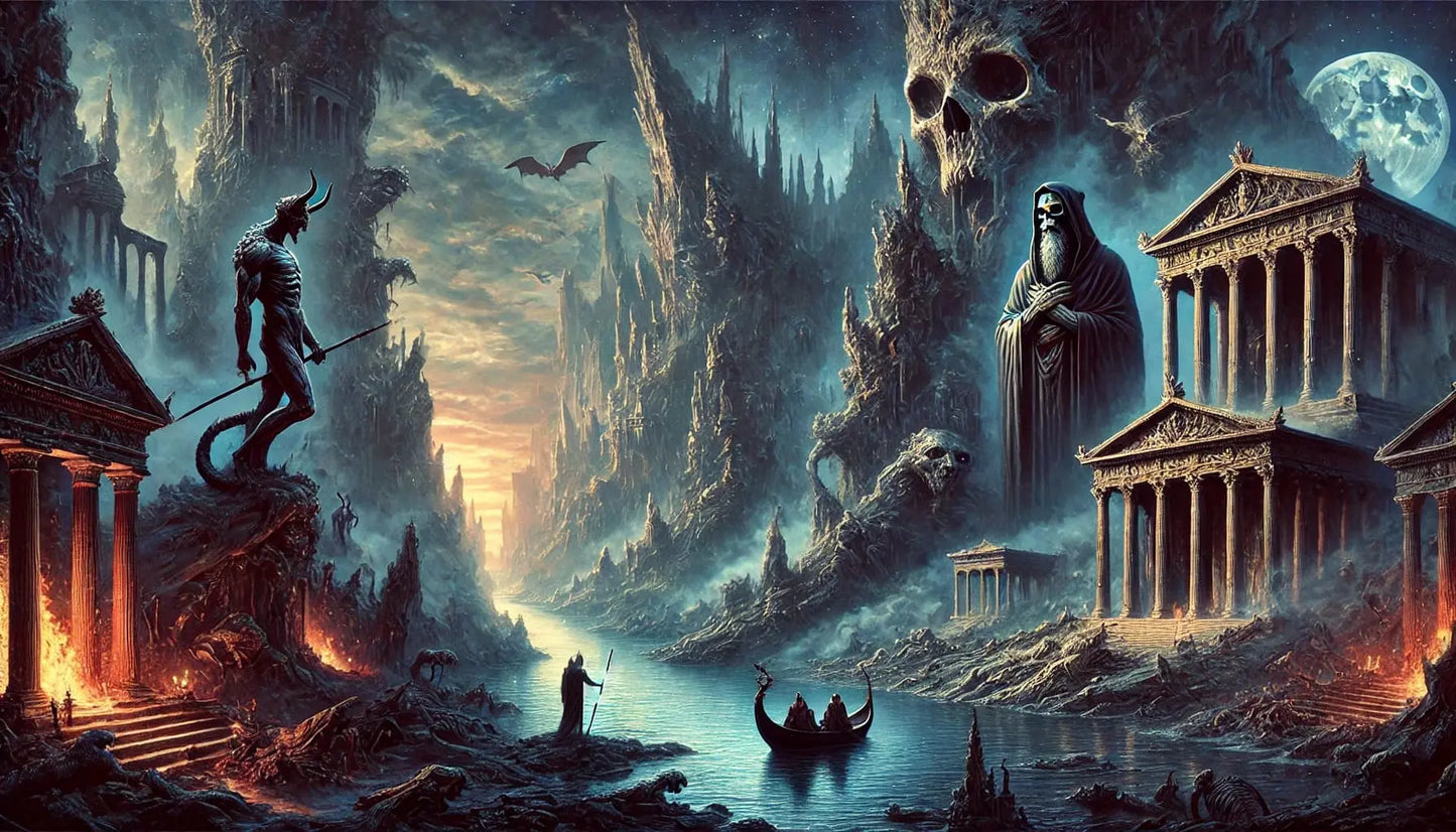 Düstere Unterwelt-Szene aus der antiken Mythologie mit Totengott Hades und dämonischer Gestalt auf einem Tempelvorsprung. Im Hintergrund antike Ruinen, Totenschädel-Felsformationen und ein Boot auf dem Fluss Styx – symbolisch für die Reise ins Jenseits. Mystisch-leuchtender Himmel und bedrohliche Atmosphäre.
