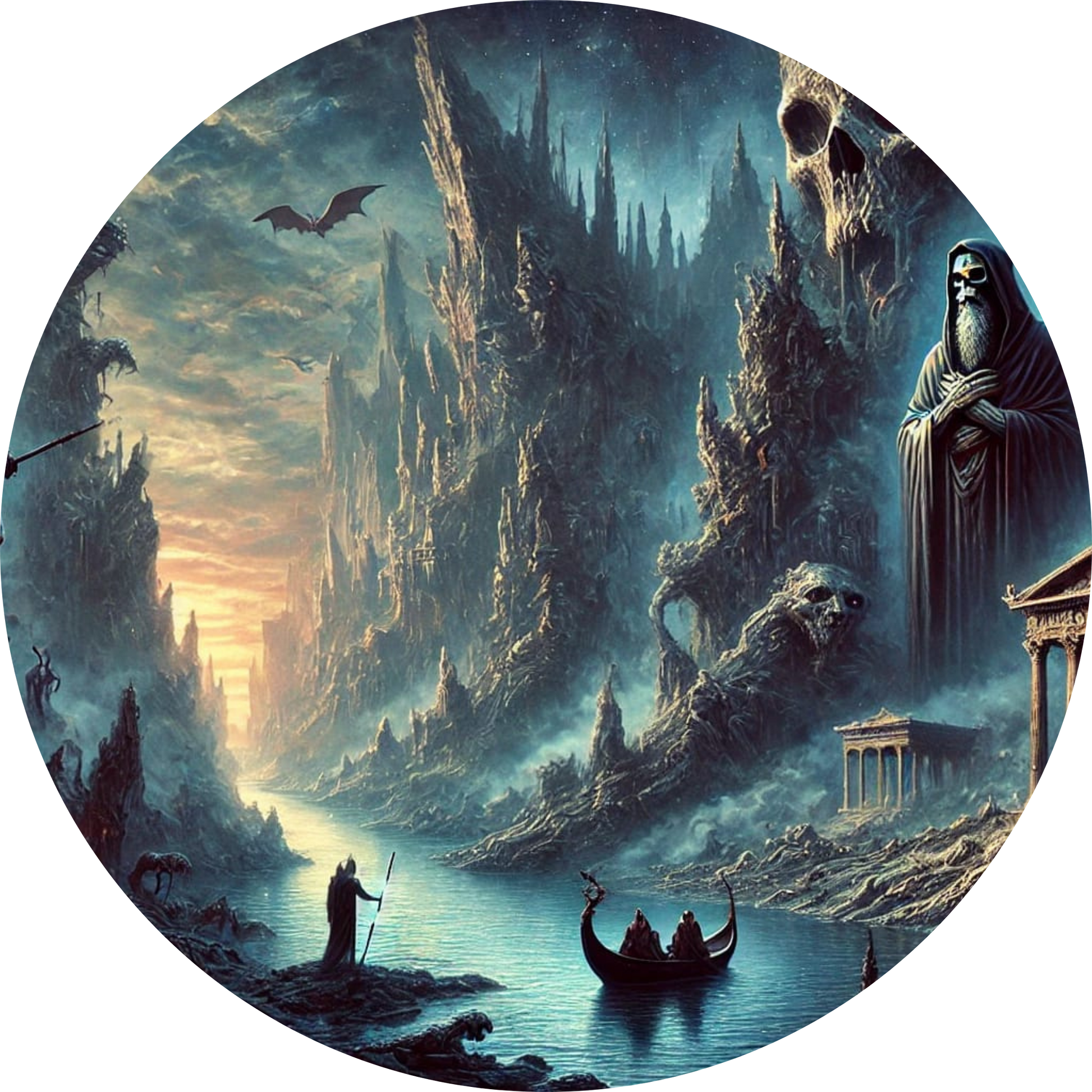 Unterweltliche Landschaft mit mythologischen Figuren vor einem düsteren Abgrund