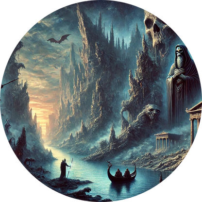 Unterweltliche Landschaft mit mythologischen Figuren vor einem düsteren Abgrund