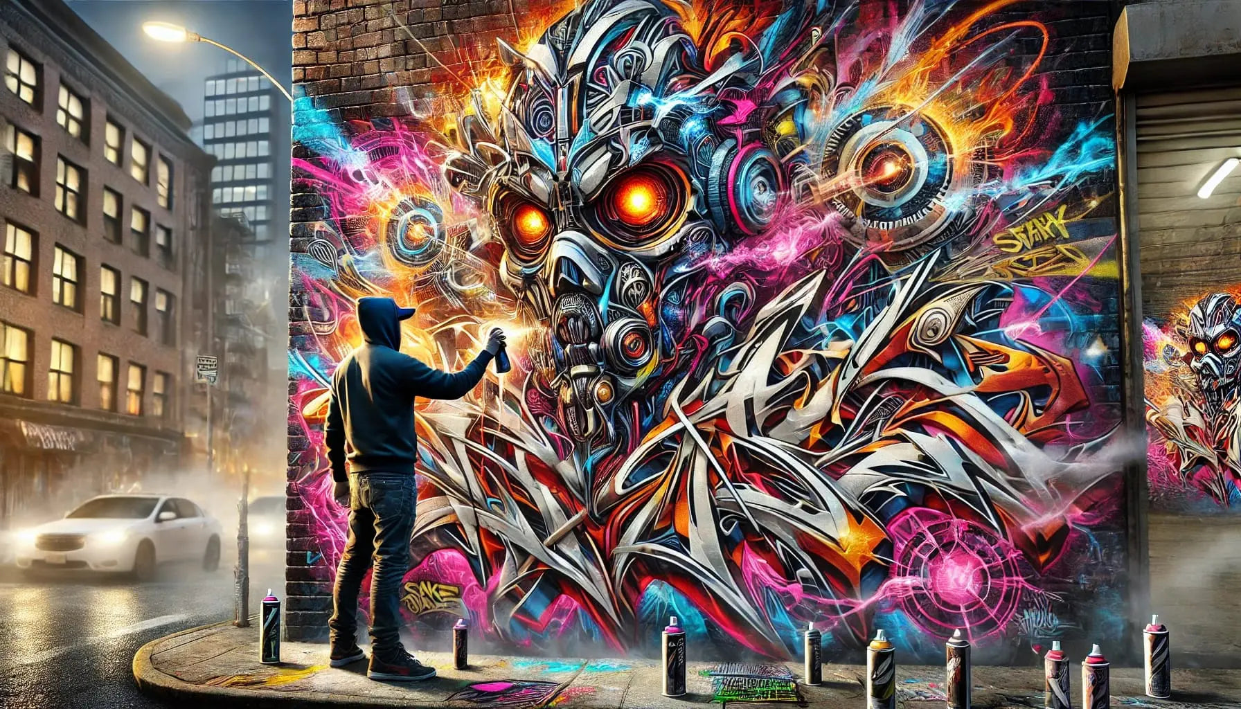 Wandkunst und Graffiti in einer lebendigen Urban-Art-Szene – Farbstarke Darstellung von Straßenkunst und Kultur.