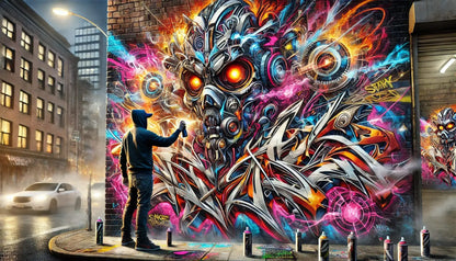 Wandkunst und Graffiti in einer lebendigen Urban-Art-Szene – Farbstarke Darstellung von Straßenkunst und Kultur.