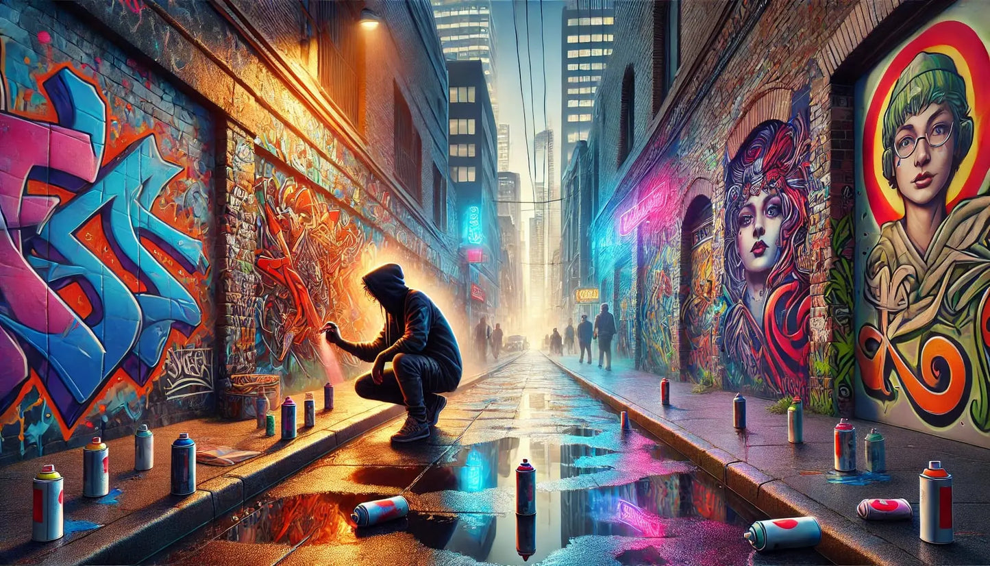 Street-Art-Szene mit Künstlerin in einer Graffiti-Gasse – Modernes Motiv mit jungem Menschen beim Sprayen in einer leuchtenden Umgebung.