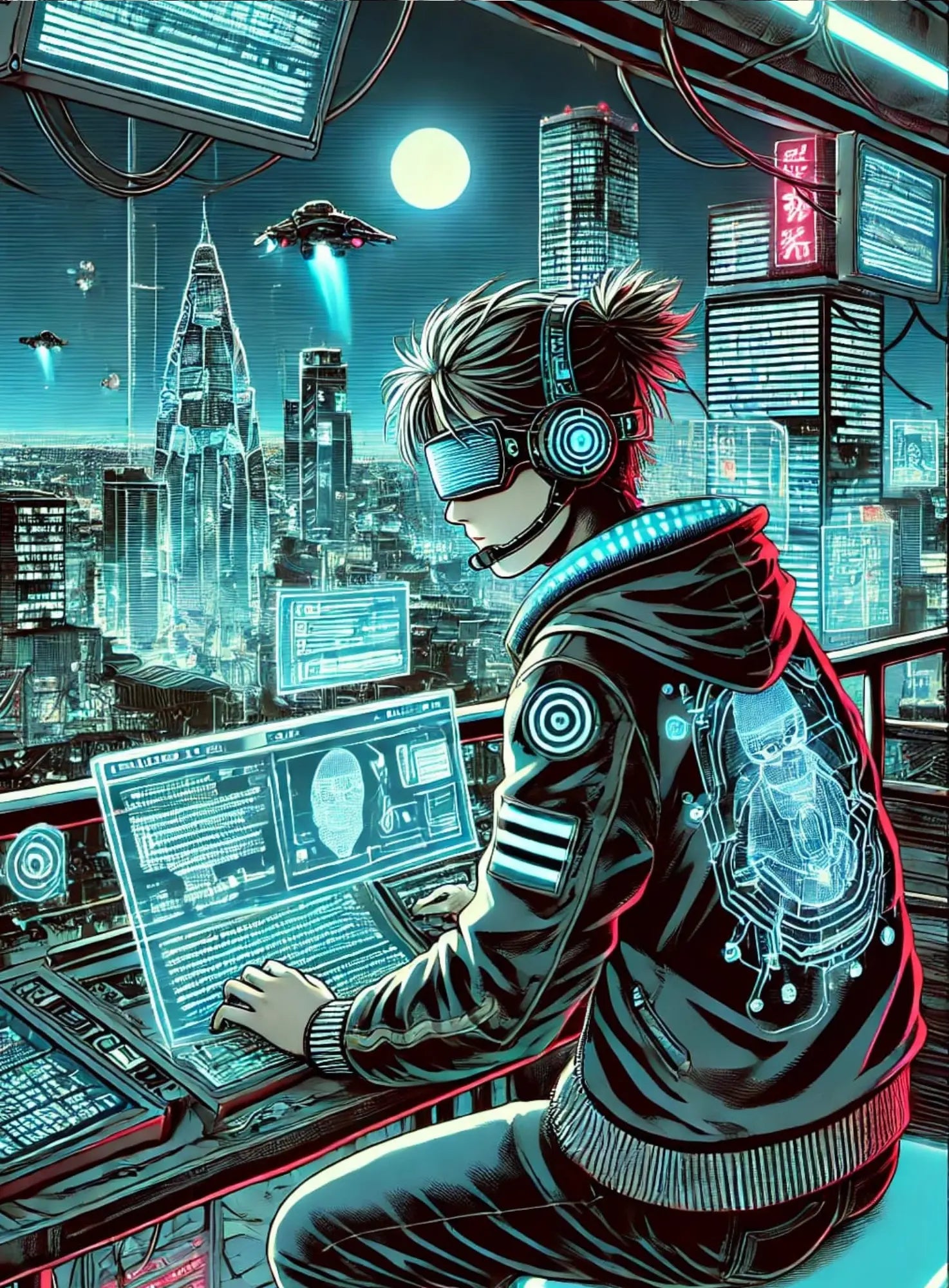 Urbaner Gamer in der Nacht:
Ein jugendlicher Manga-Charakter mit Headset sitzt an einem PC in einer nächtlichen Großstadt-Szene – ein modernes Cyberpunk-Gaming-Setting.
