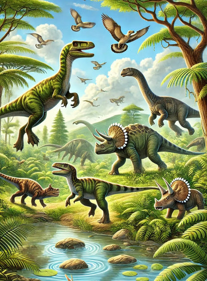 Lebendige Urzeitszene mit verschiedenen Dinosauriern – darunter ein T-Rex, Flugsaurier und Langhälse – inmitten eines tropischen Urwalds mit Wasserlauf.