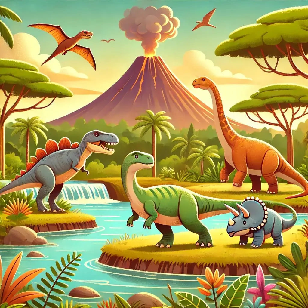 Verschiedene Dinos in Urzeitszene mit Vulkan und Wasserlauf
