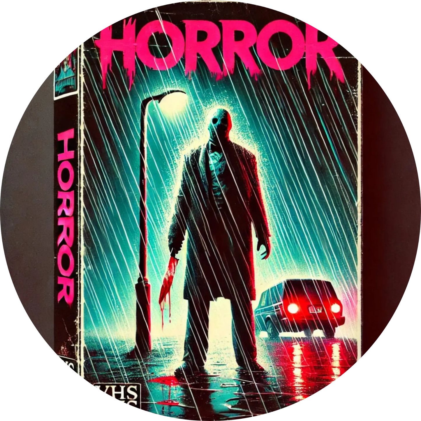 Neonfarbiger Horror-Comic mit maskiertem Killer vor pinkem Schriftzug „HORROR“

