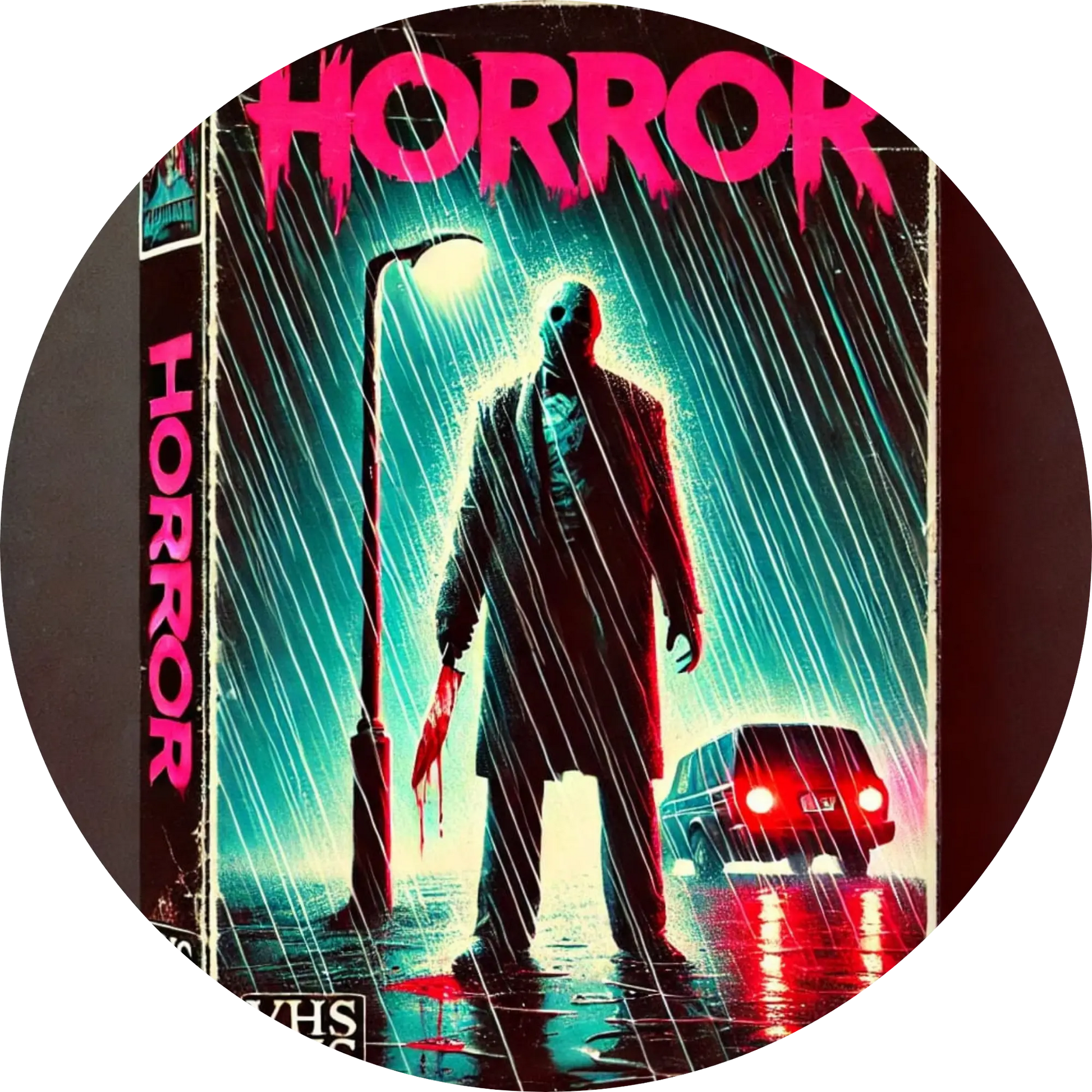 Neonfarbiger Horror-Comic mit maskiertem Killer vor pinkem Schriftzug „HORROR“

