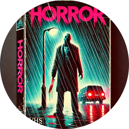 Neonfarbiger Horror-Comic mit maskiertem Killer vor pinkem Schriftzug „HORROR“

