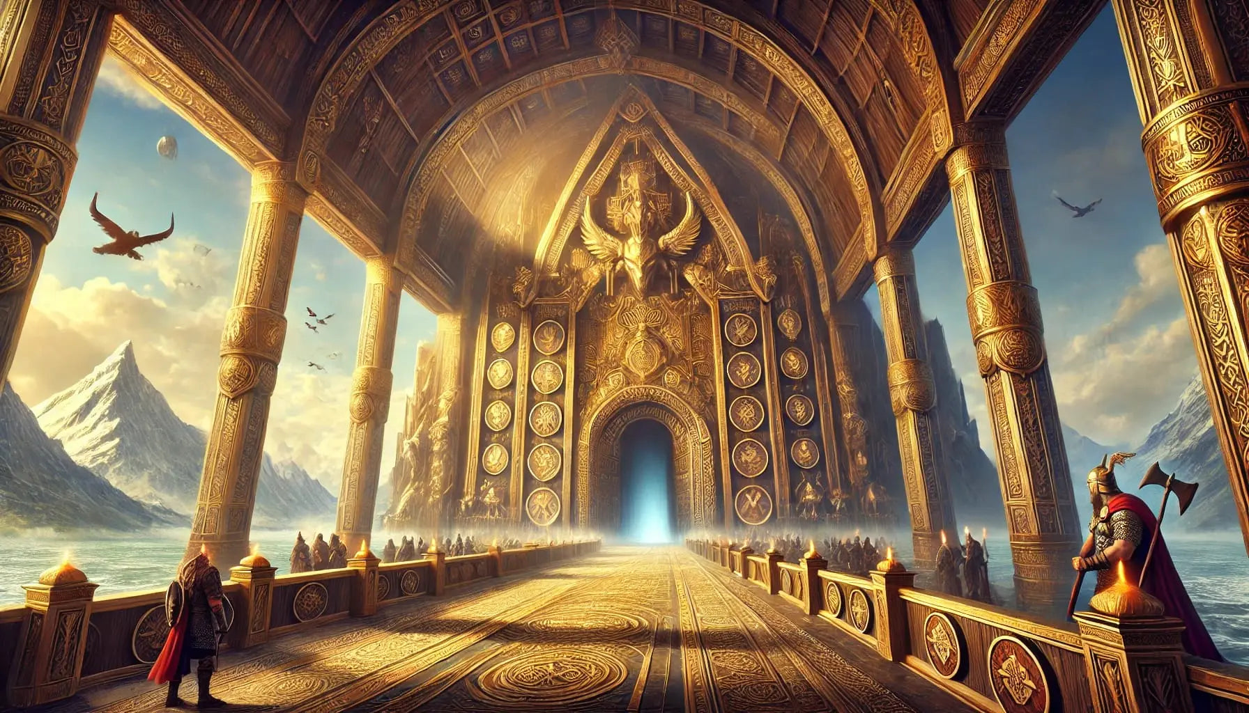 Prunkvolle nordische Halle mit goldenen Säulen und Runen – mystische Atmosphäre.