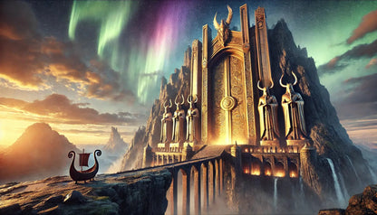 Goldener Tempel mit Nordlichtern – spirituelle Darstellung aus der nordischen Mythologie.