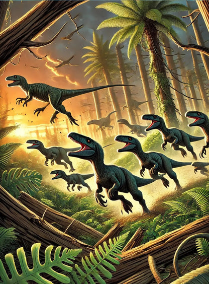 Mehrere Velociraptoren rennen durch einen tropischen Dschungel mit Palmen bei Sonnenuntergang.