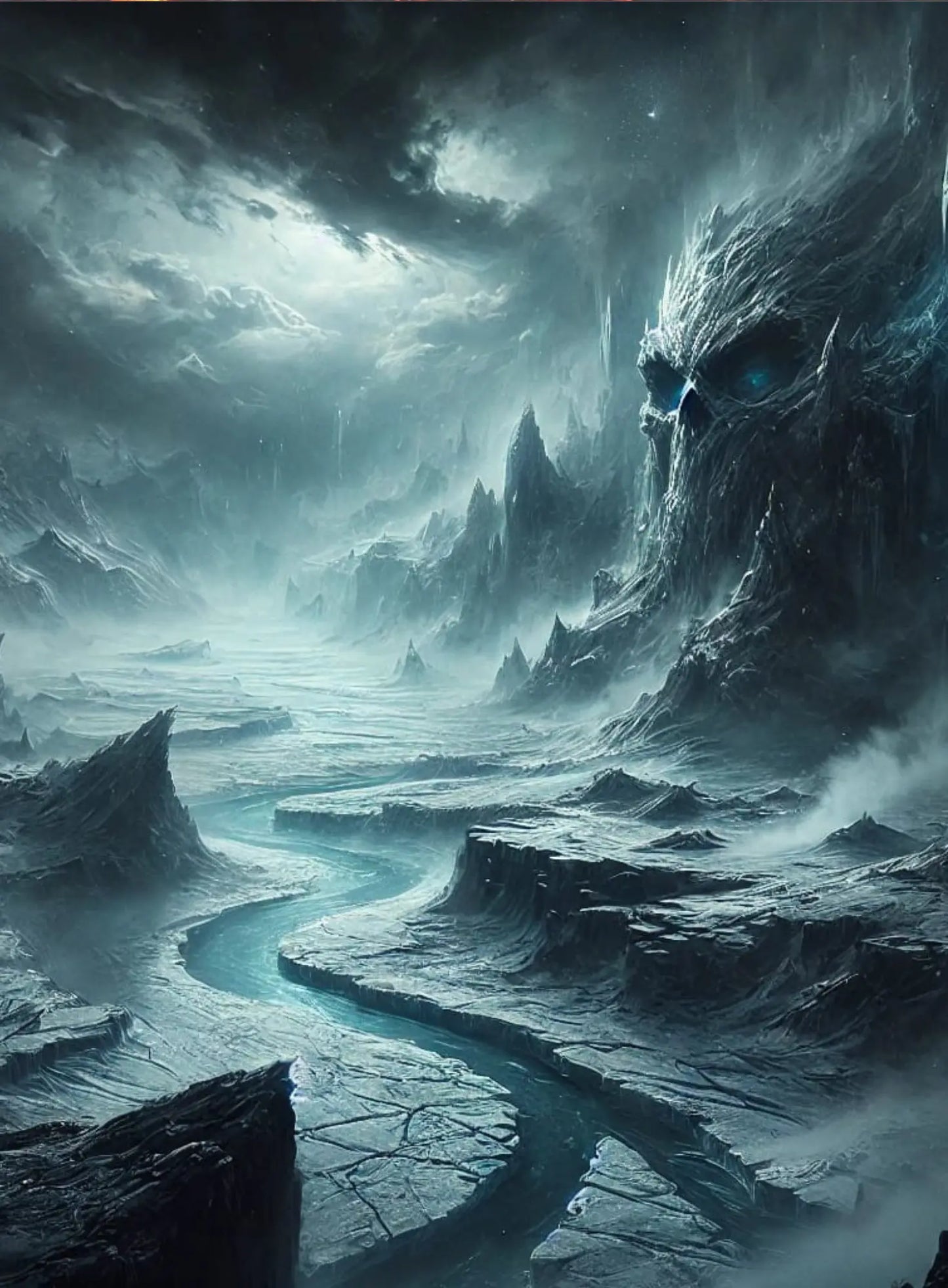 Kalte, geheimnisvolle Eislandschaft mit dramatischem Wolkenhimmel – eine Hommage an die rauen Regionen der nordischen Sagenwelt.