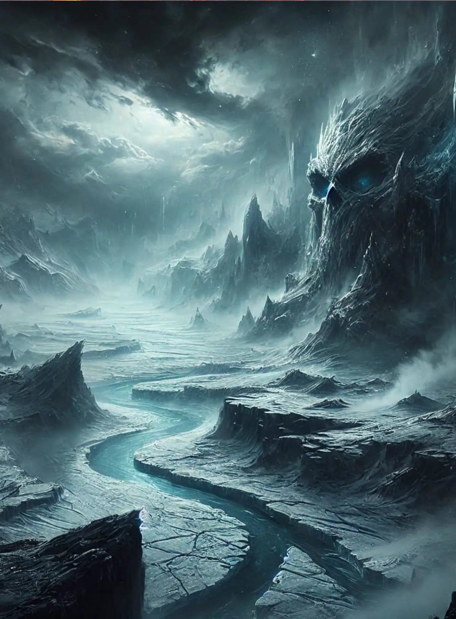Kalte, geheimnisvolle Eislandschaft mit dramatischem Wolkenhimmel – eine Hommage an die rauen Regionen der nordischen Sagenwelt.