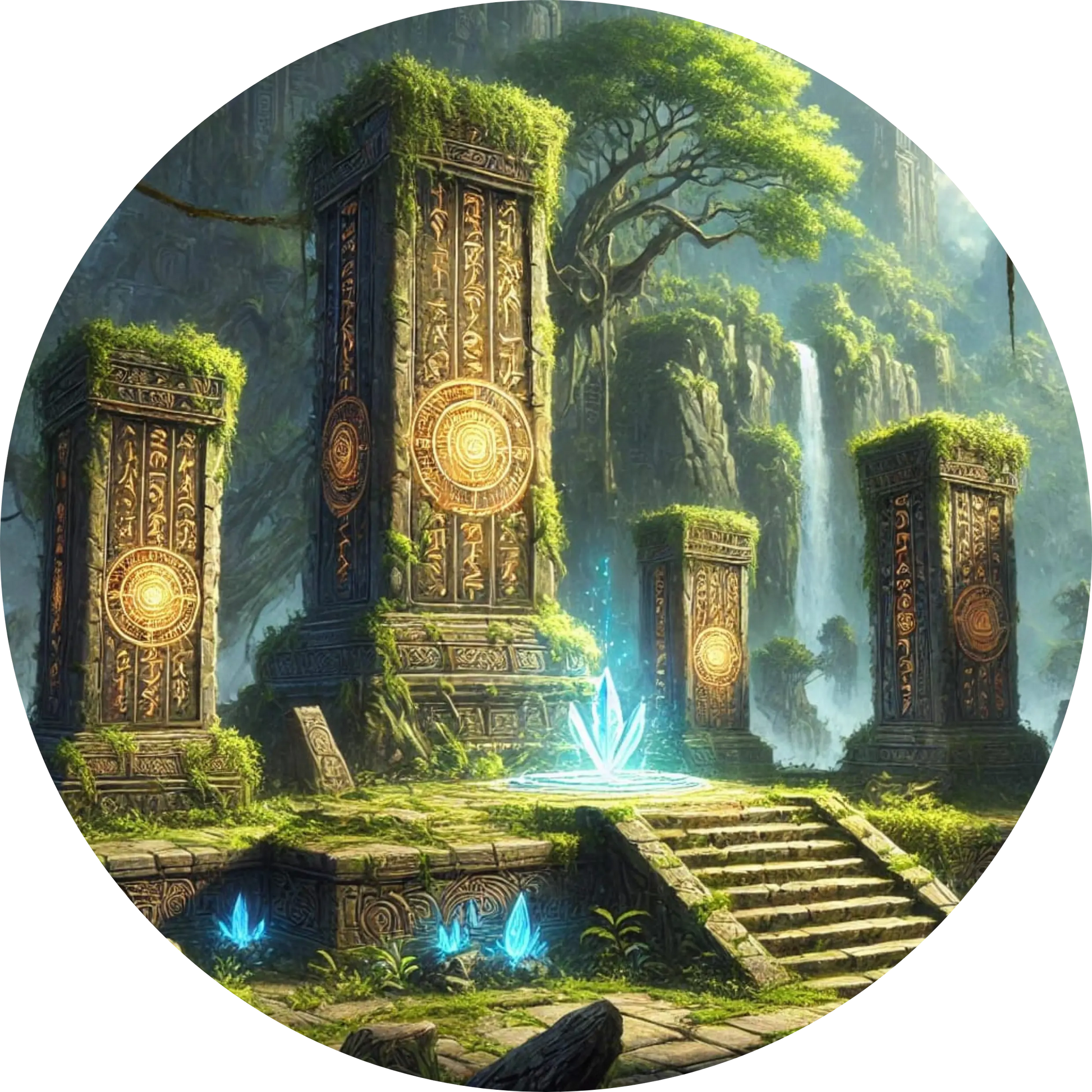 Verfallenes Portal mit geheimnisvollem Licht in dunklem Wald