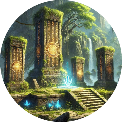 Verfallenes Portal mit geheimnisvollem Licht in dunklem Wald