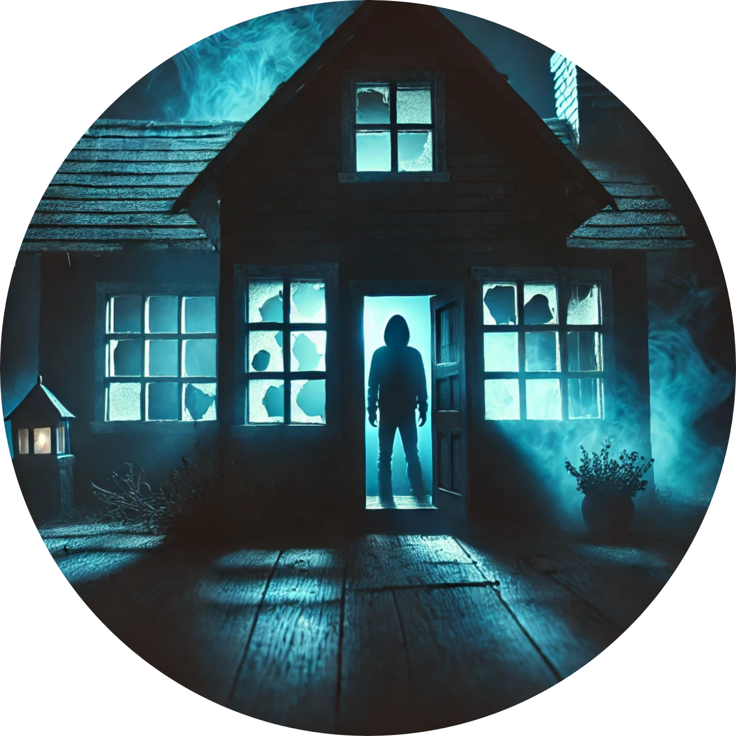 Dunkles Haus mit leuchtenden Fenstern – Silhouette steht bedrohlich im Eingang
