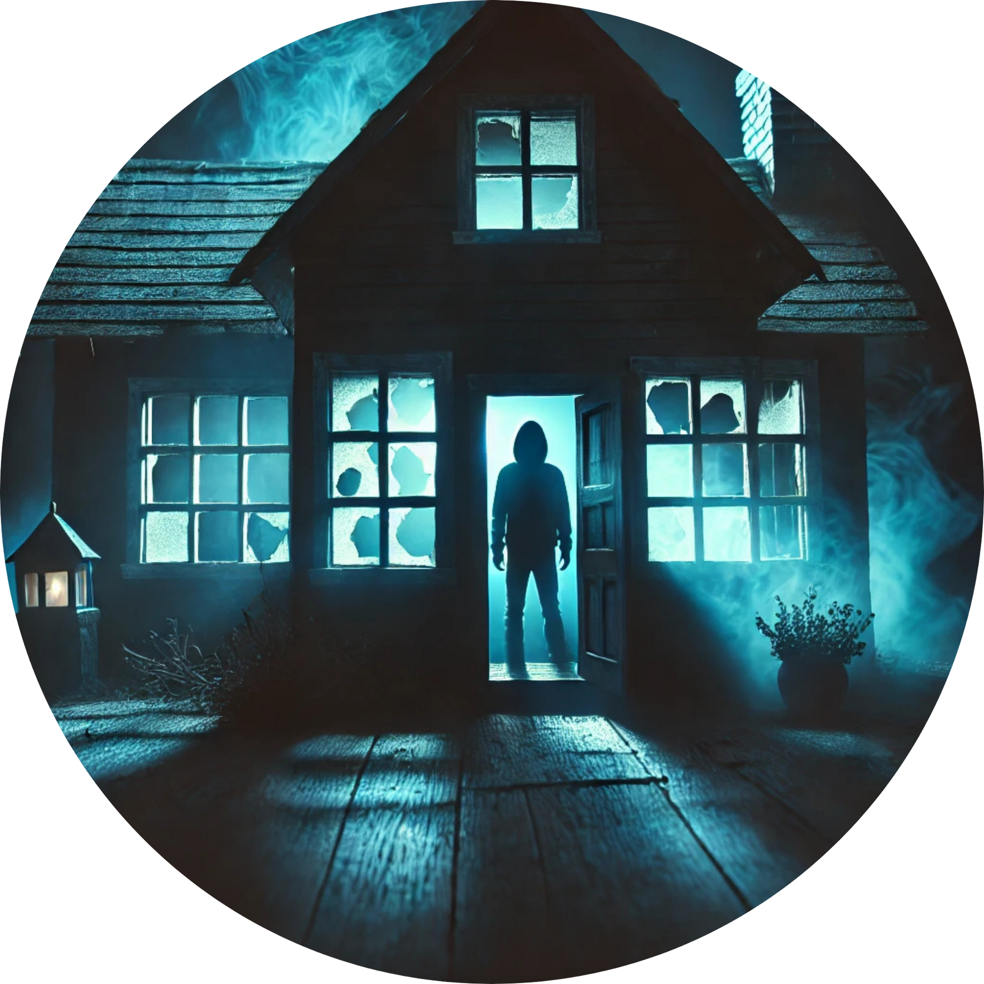 Dunkles Haus mit leuchtenden Fenstern – Silhouette steht bedrohlich im Eingang
