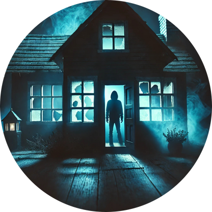 Dunkles Haus mit leuchtenden Fenstern – Silhouette steht bedrohlich im Eingang