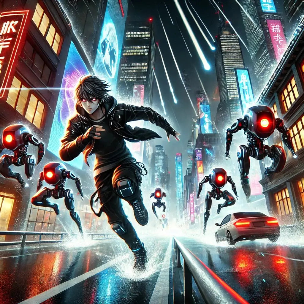 Highspeed-Verfolgungsszene in einer neonbeleuchteten Manga-Großstadt bei Nacht.