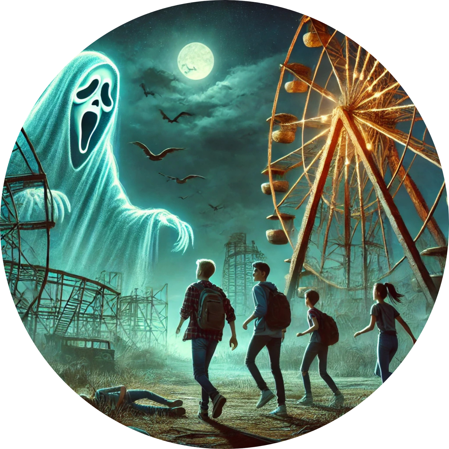 Verlassener Rummelplatz mit gespenstischem Riesenrad und flüchtenden 