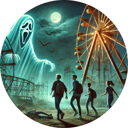 Verlassener Rummelplatz mit gespenstischem Riesenrad und flüchtenden 