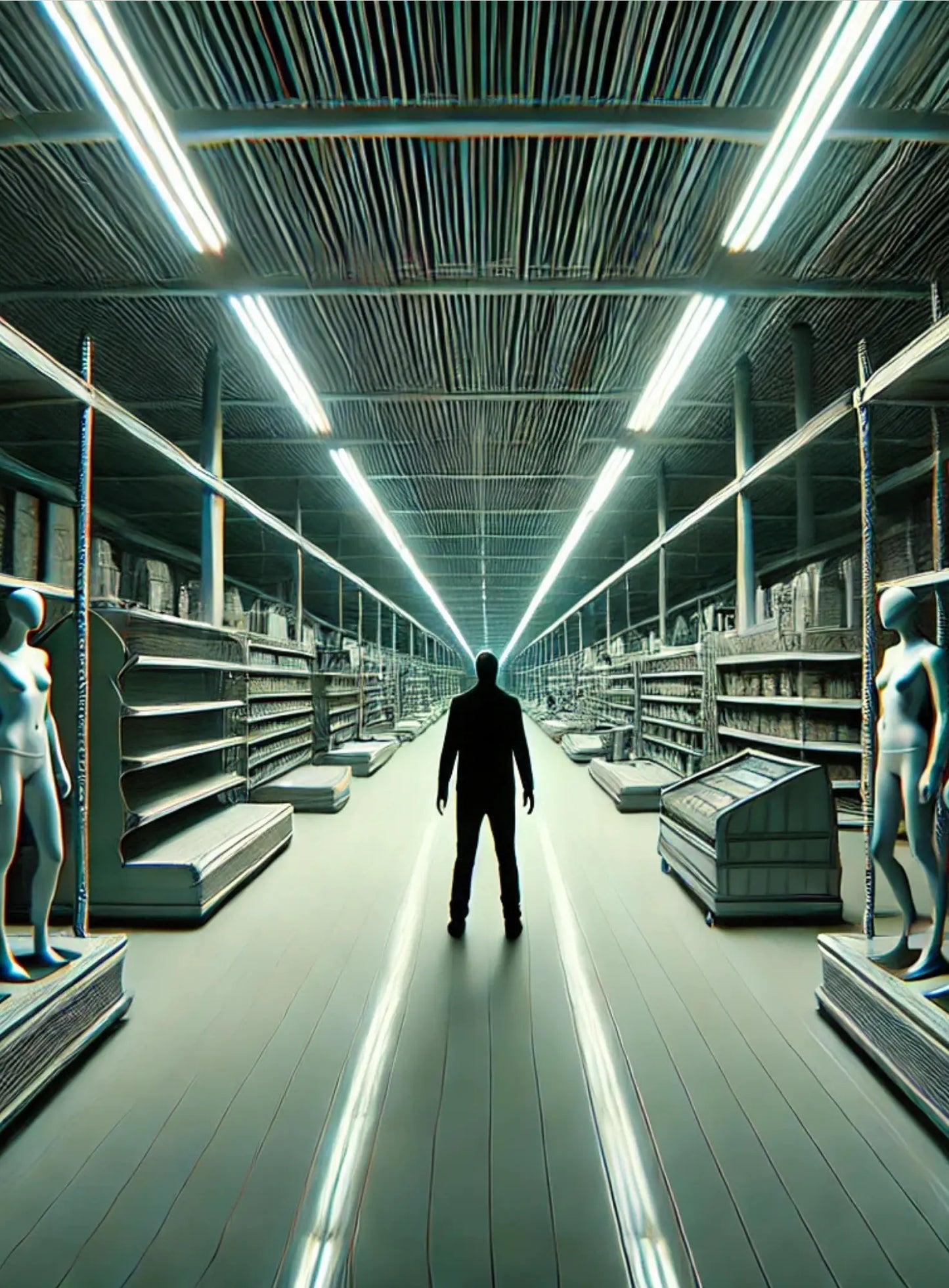 Verlassenes , endlose Kaufhaus mit leuchtendem Licht am Ende und dunkler Figur – bedrohlich und beängstigend.