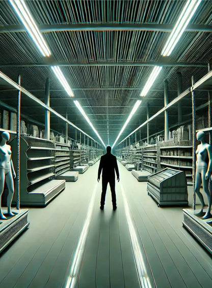 Verlassenes , endlose Kaufhaus mit leuchtendem Licht am Ende und dunkler Figur – bedrohlich und beängstigend.