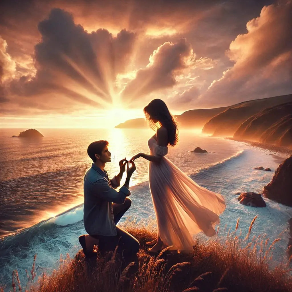 Mann kniet bei Sonnenuntergang am Kliff und hält seiner Partnerin einen Verlobungsring hin