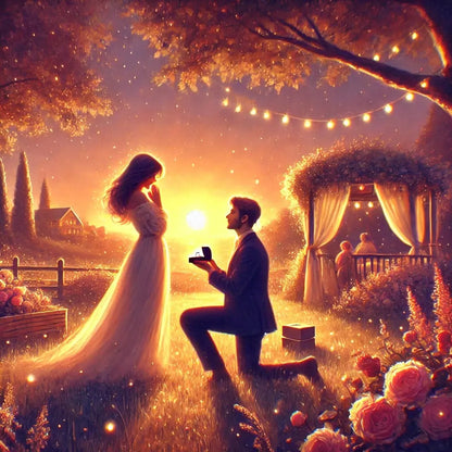 Verlobung bei Sonnenuntergang im Garten mit Lichterketten und romantischer Szenerie