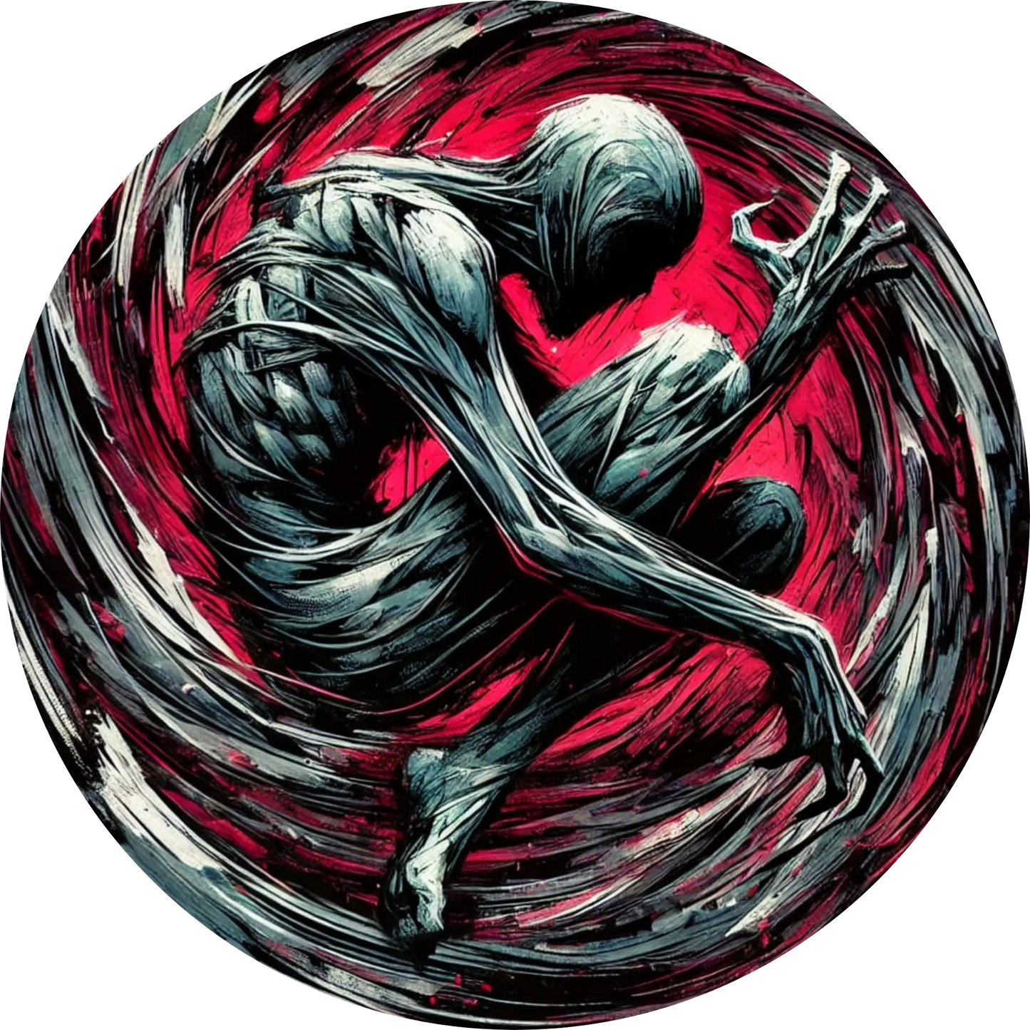 Zwei ineinander verschlungene, blutrote Körper mit verzerrten Gesichtern