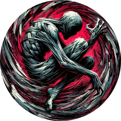 Zwei ineinander verschlungene, blutrote Körper mit verzerrten Gesichtern