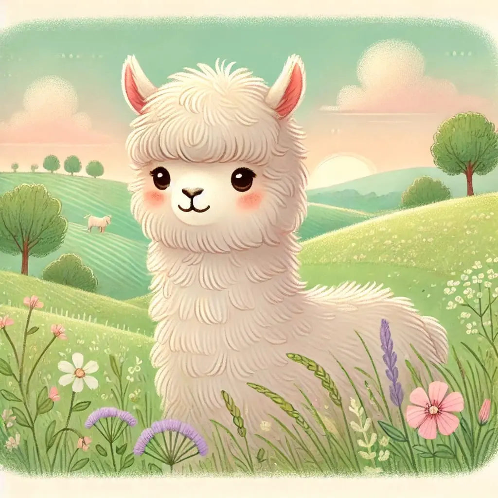 Alpaka im Sonnenuntergang, verträumter Ausdruck mit Blumen
