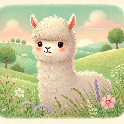 Alpaka im Sonnenuntergang, verträumter Ausdruck mit Blumen
