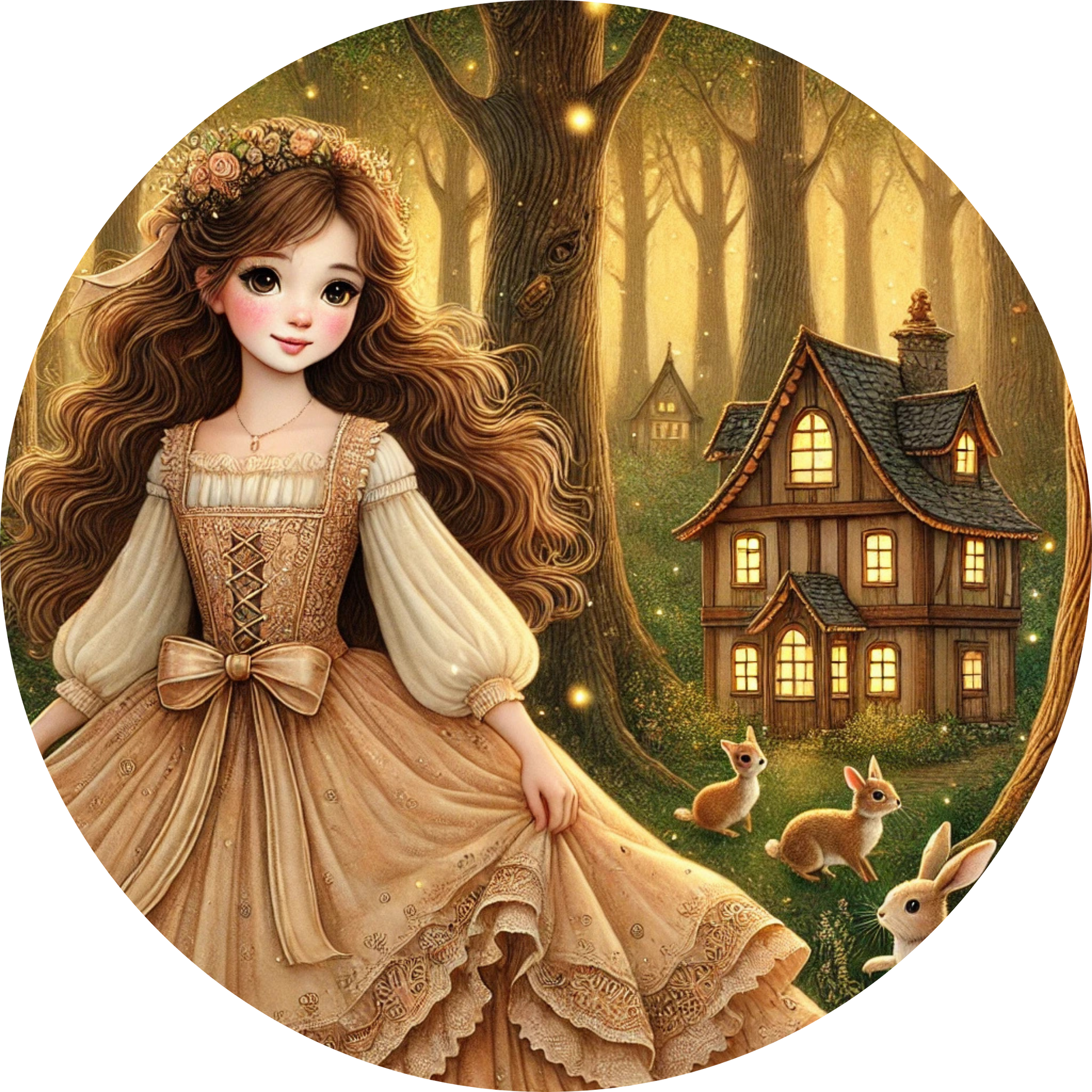 Schöne Prinzessin im goldenen Kleid vor einem verwunschenen Wald
