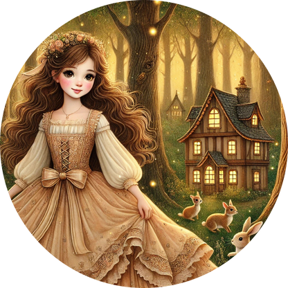 Schöne Prinzessin im goldenen Kleid vor einem verwunschenen Wald
