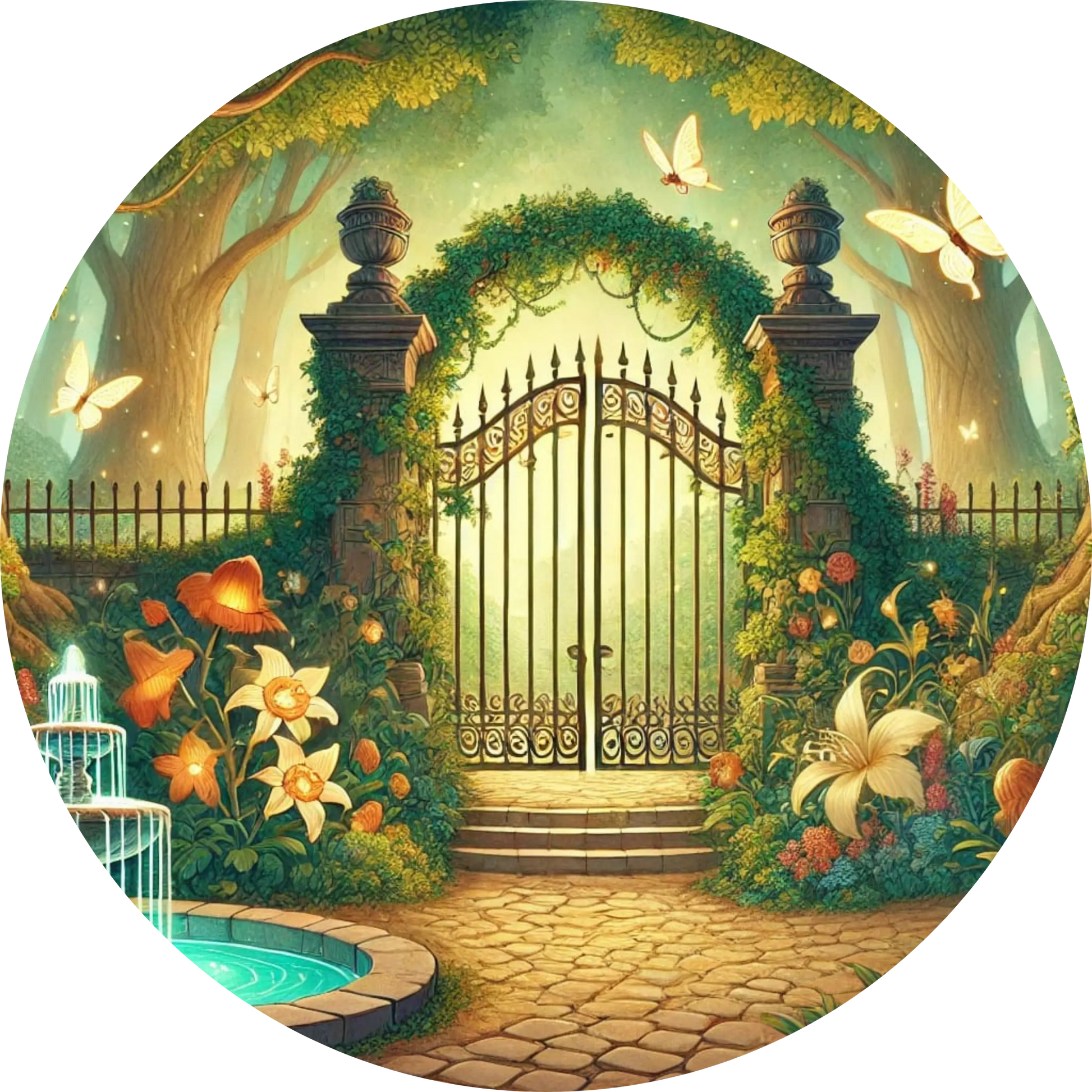 Verwunschener Eingang zu Garten mit Laternen und Blumen