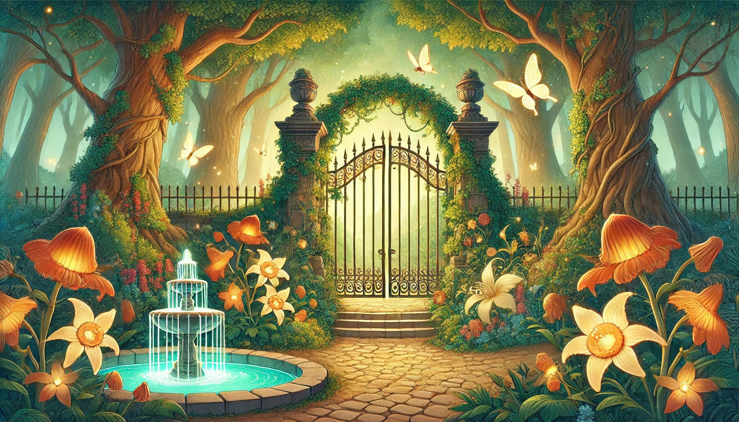 Verwunschener Garten mit blühenden Blumen und goldenem Eisentor bei Sonnenuntergang.