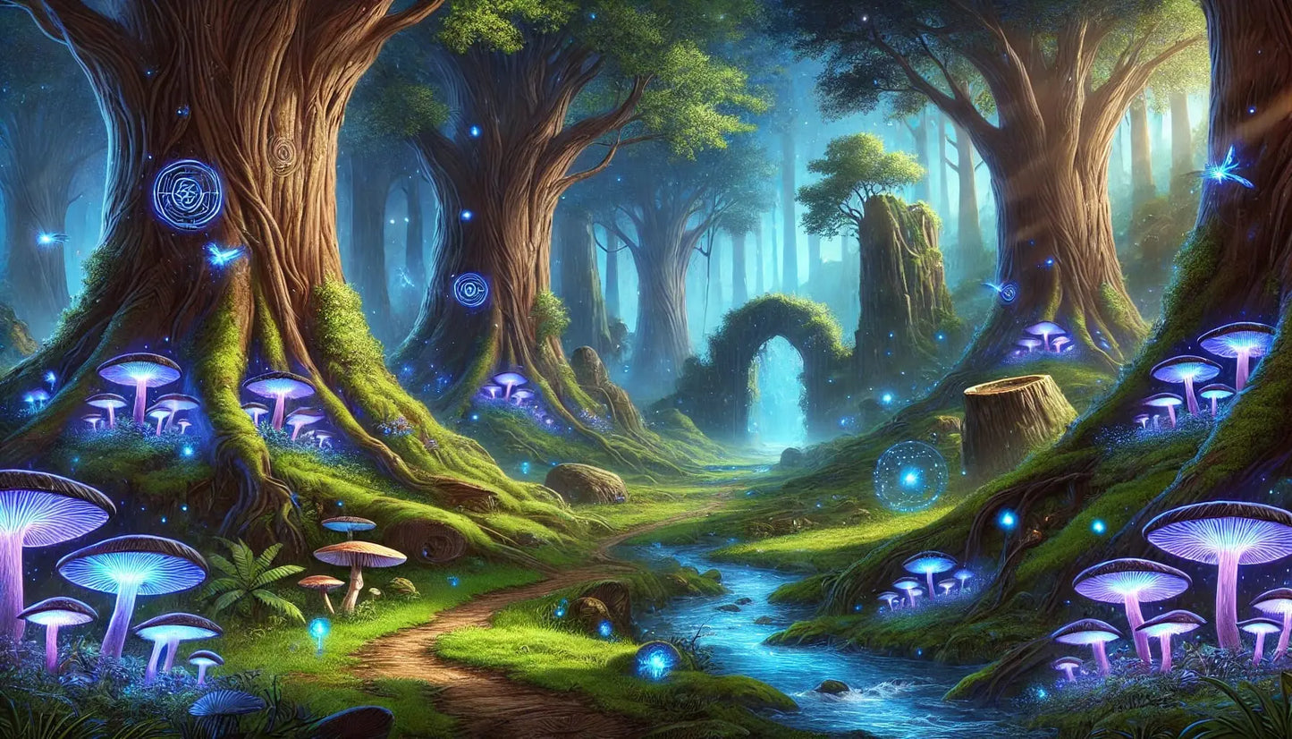 Leuchtender Zauberwald mit riesigen Bäumen, magischen Symbolen an der Rinde und fluoreszierenden Pilzen am Boden – ein klarer Bach fließt durch die Szene, begleitet von Glühwürmchen und blauen Lichtkugeln.