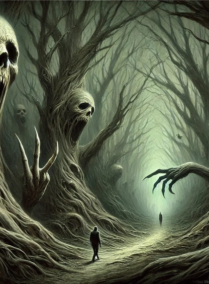 Verwunschener, nebliger Wald mit gesichtartigen Baumstämmen und greifenden Ästen. Zwei Gestalten auf einem schmalen Pfad – unheilvolle Stimmung.