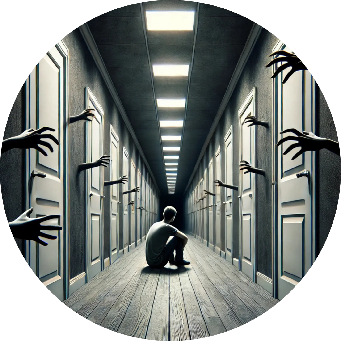 
Mensch sitzt allein am Boden zwischen endlosen Türreihen, während Hände sich durch die Tür strecken