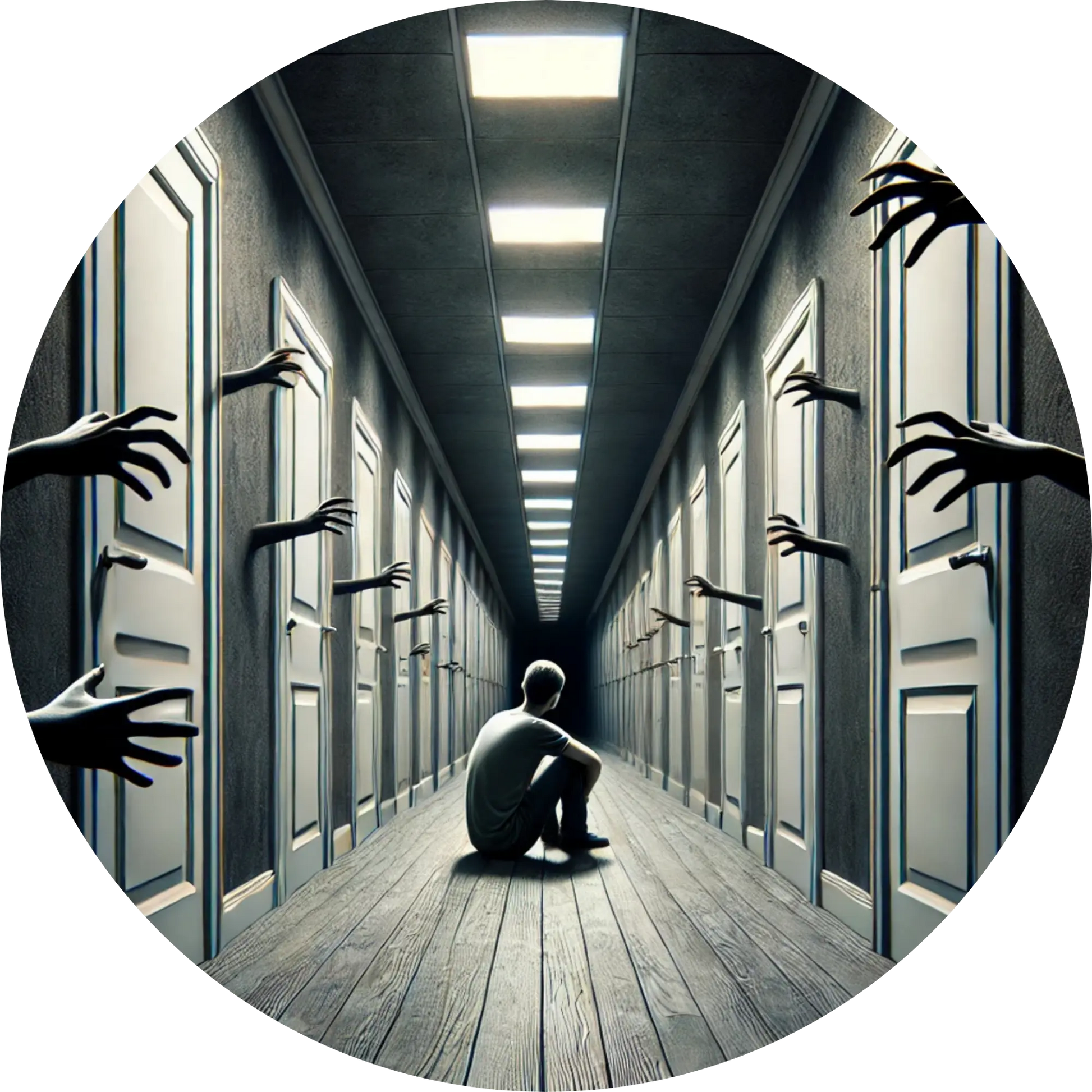 
Mensch sitzt allein am Boden zwischen endlosen Türreihen, während Hände sich durch die Tür strecken