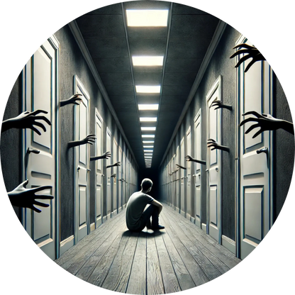 
Mensch sitzt allein am Boden zwischen endlosen Türreihen, während Hände sich durch die Tür strecken