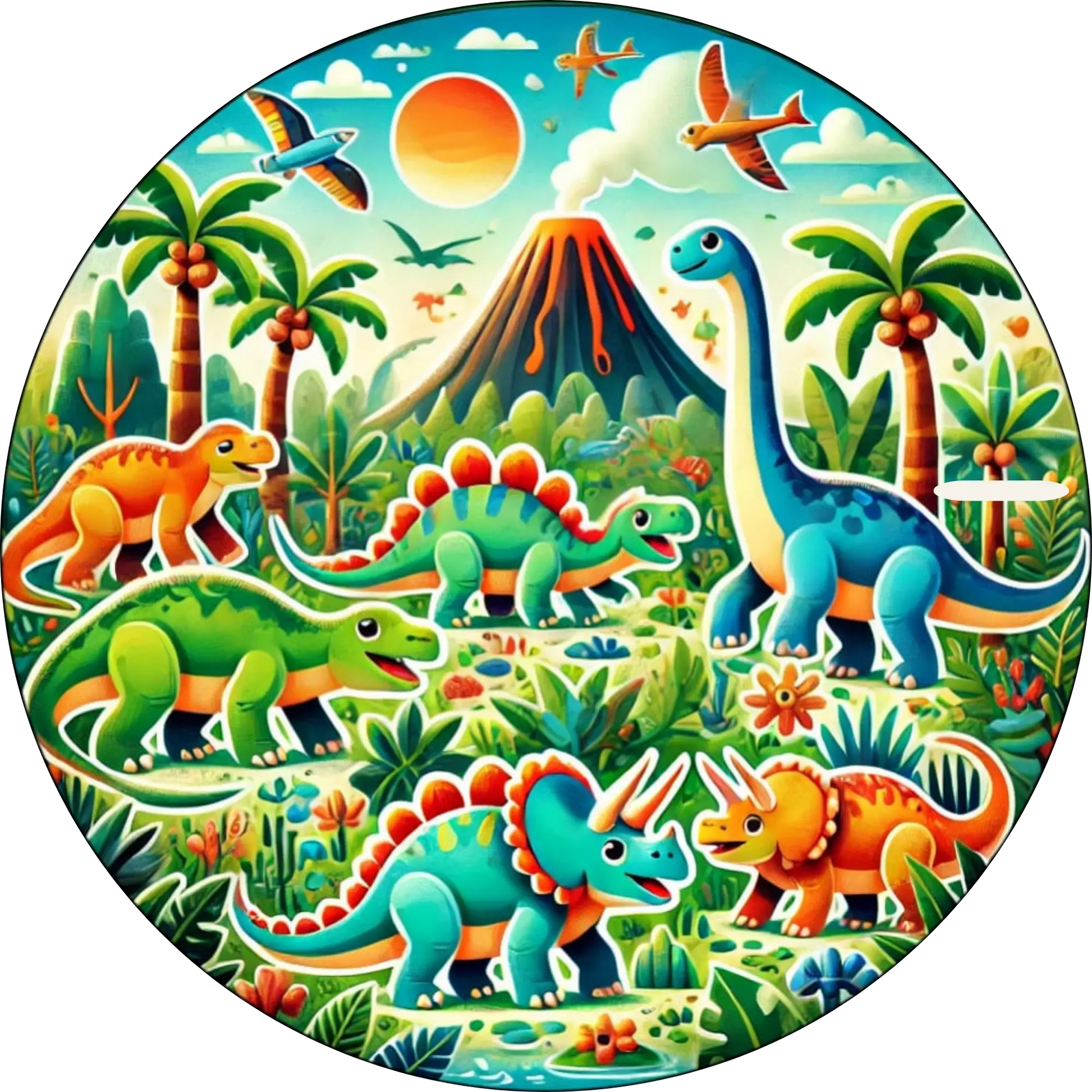 Viele verschiedene Dinos im Comic Stil vor einem Vulkan mit Palmen