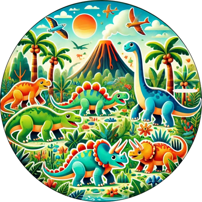 Viele verschiedene Dinos im Comic Stil vor einem Vulkan mit Palmen