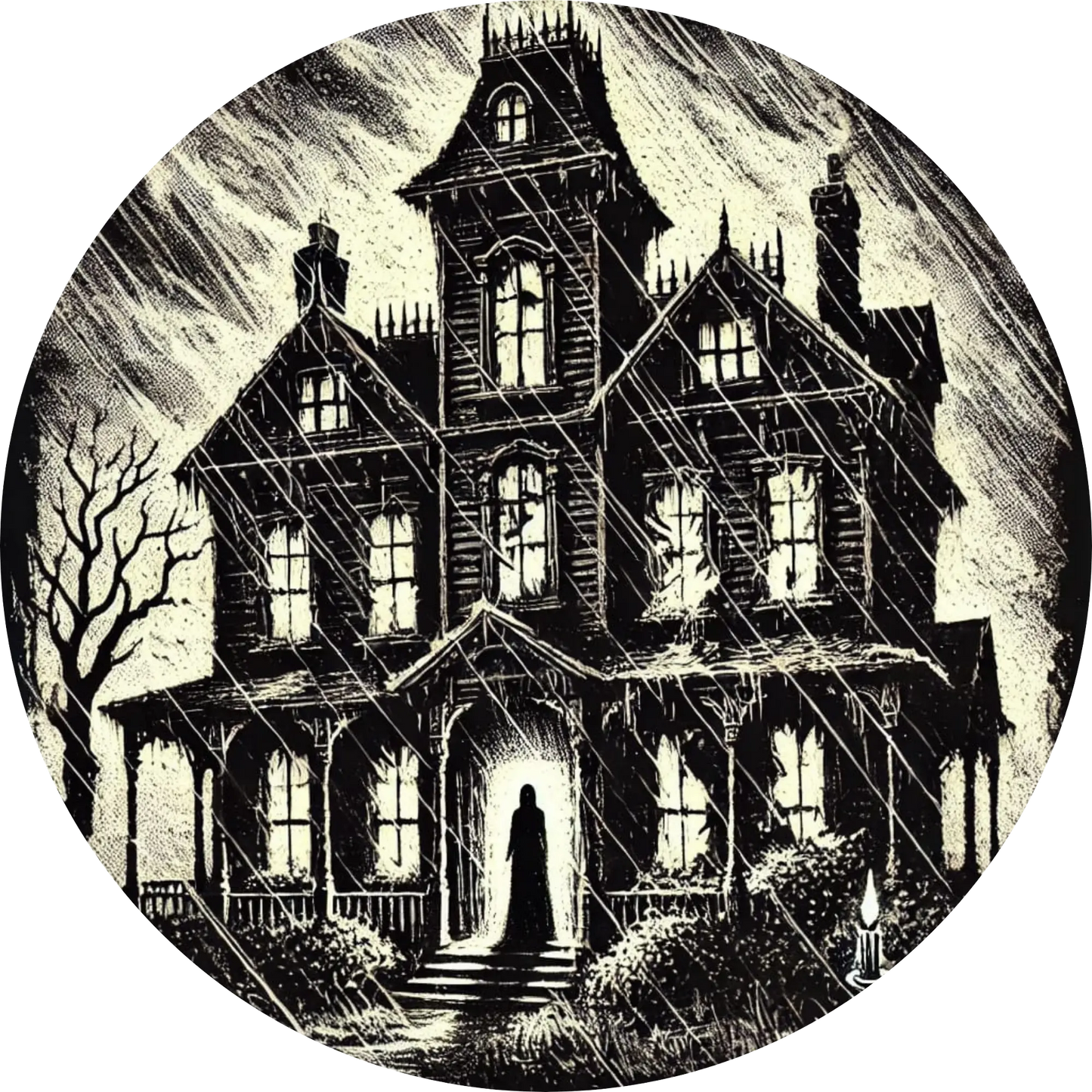 Viktorianisches Spukhaus mit dunklen Fenstern und kahlen Bäumen