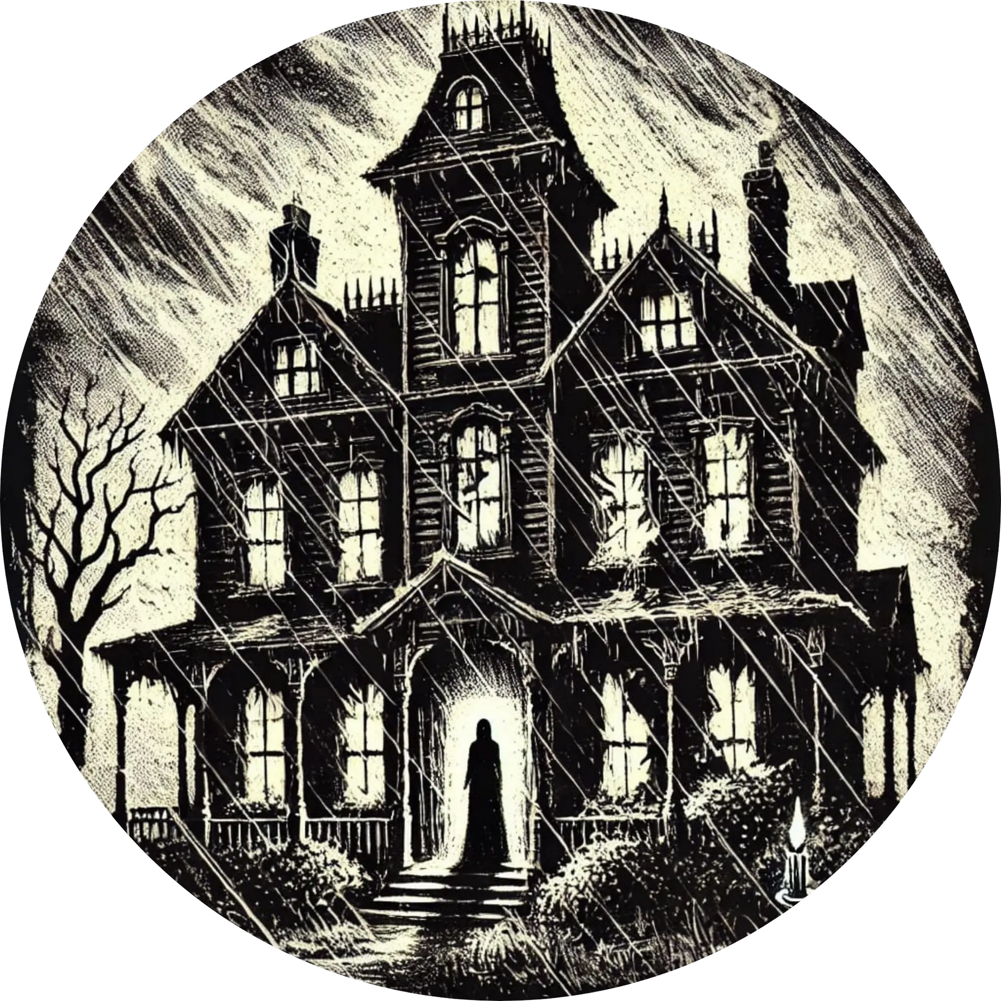 Viktorianisches Spukhaus mit dunklen Fenstern und kahlen Bäumen