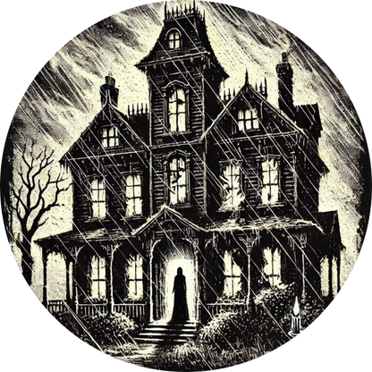 Viktorianisches Spukhaus mit dunklen Fenstern und kahlen Bäumen