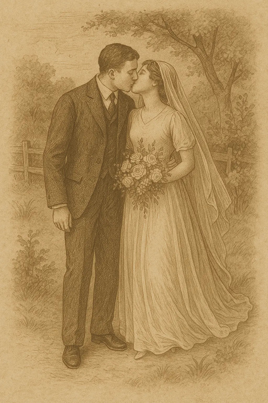 Vintage-Illustration eines Brautpaares beim Kuss unter freiem Himmel – gezeichnet in Sepia-Tönen