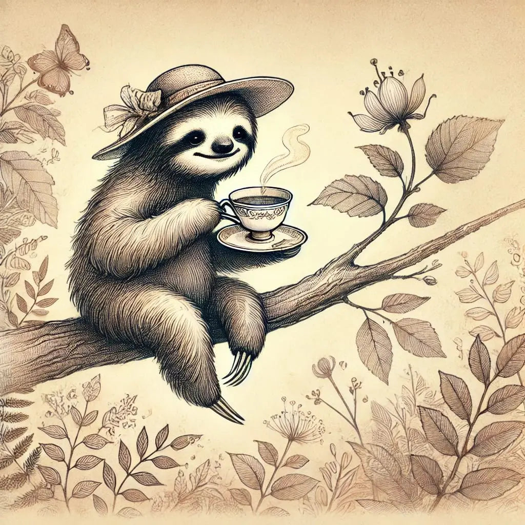 Faultier trinkt aus Tasse in einem botanischen, leicht skizzenhaften Stil